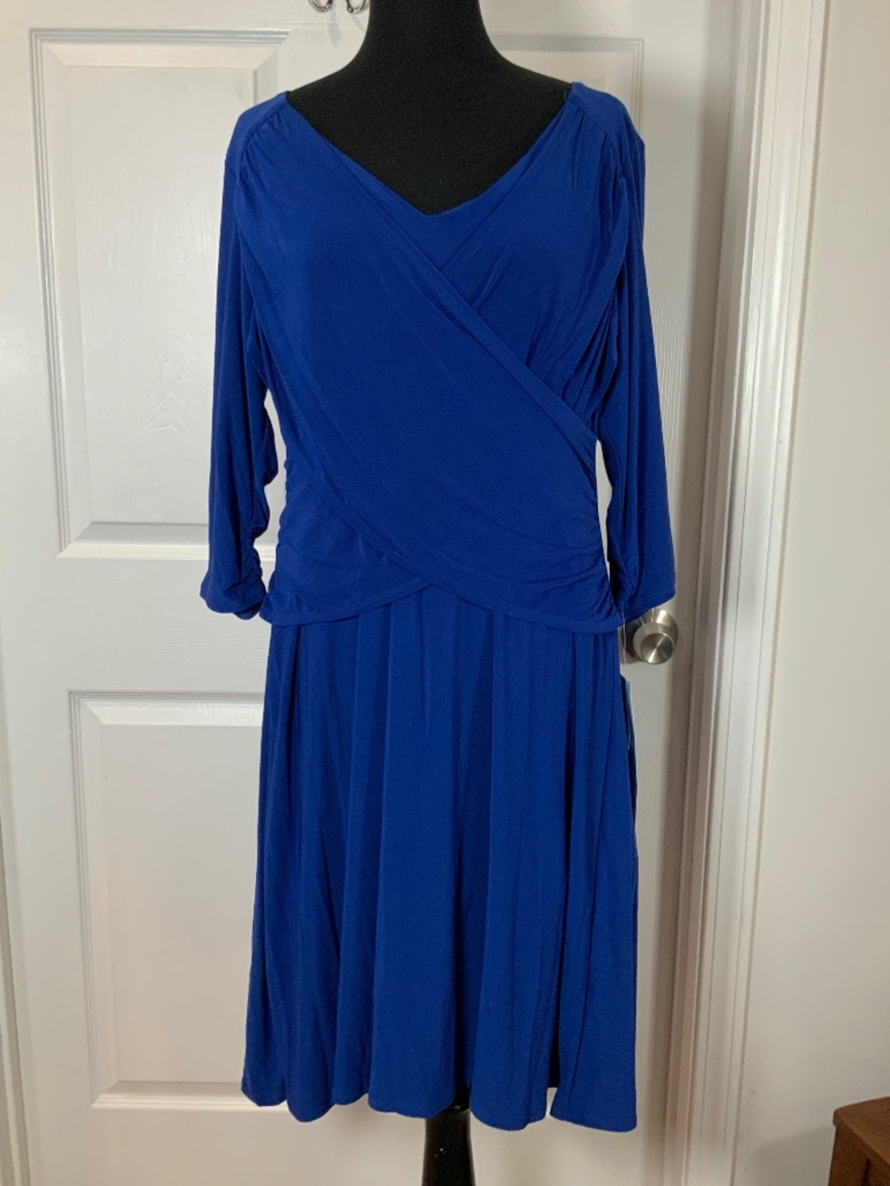 B Slim Blue Slimming Fit Flare Midi Dress Ruched Waist 3/4 Sleeve Size XL